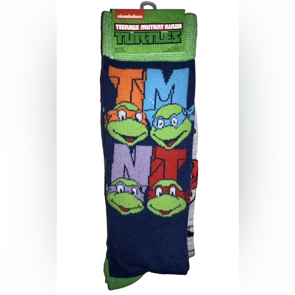 Teenage Mutant Ninja Turtles Crew Socks 2 Pair Men's 6-12 Blue Gray w TMNT Faces - Picture 1 of 11